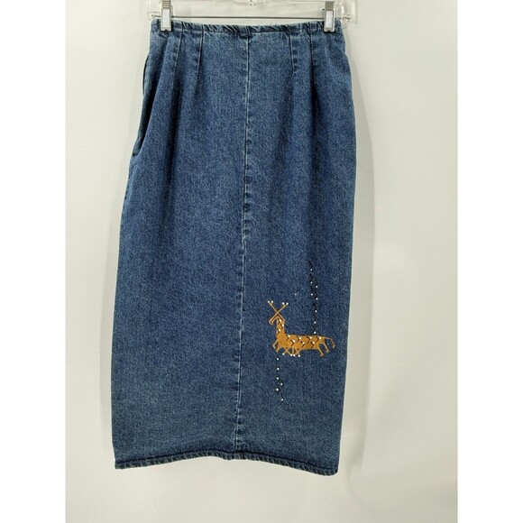 VINTAGE Denim Wrap Skirt Hand Painted by Nina Renee Constellations Stylized Deer - Picture 11 of 11